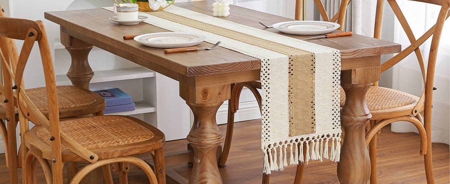 Boho Farmhouse Linen Table Runner with Tassels - Smarsty