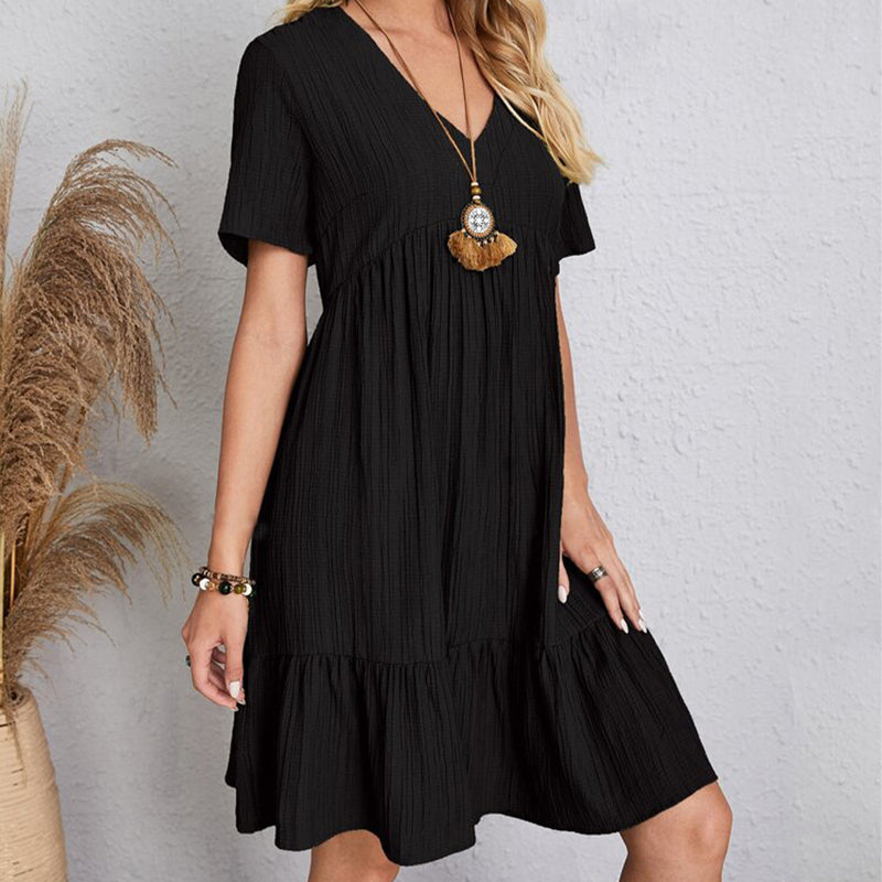 Summer Solid Dress Women Casual Bohemian V Neck Short Sleeve Ruffles Loose A Line Mini Dress Elegant Beach Party Vestidos Street - Smarsty