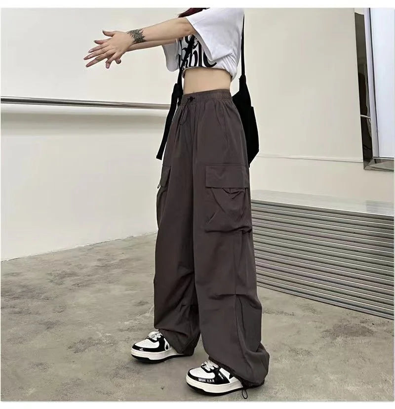 2024 Women Casual Joggers Tech Pants Solid Low Waist Pants Drawstring Wide Leg Baggy Trousers Y2k Streetwear Oversize Sweatpants - Smarsty