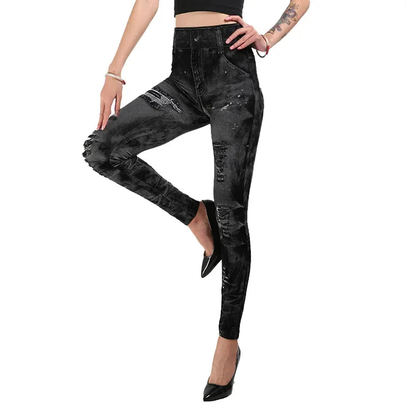 Women Imitation Jeans Stretch Leggings Fashion Sexy Slim Push Up Lady Gym Leggings Causal Simple High Waist Streetwear Leggings - Smarsty