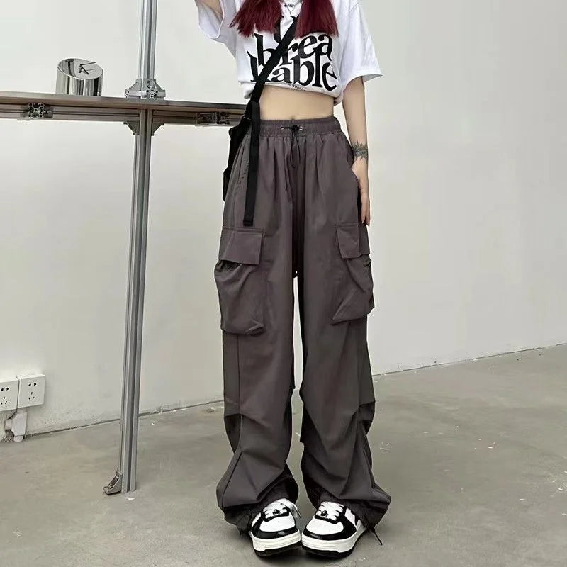 2024 Women Casual Joggers Tech Pants Solid Low Waist Pants Drawstring Wide Leg Baggy Trousers Y2k Streetwear Oversize Sweatpants - Smarsty