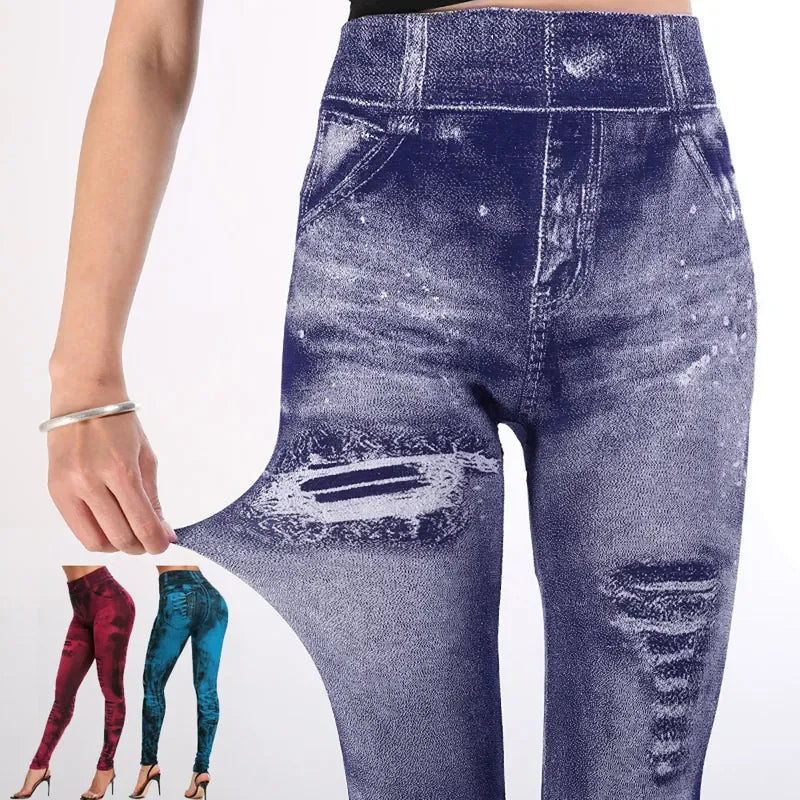 Women Imitation Jeans Stretch Leggings Fashion Sexy Slim Push Up Lady Gym Leggings Causal Simple High Waist Streetwear Leggings - Smarsty