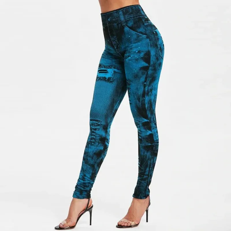 Women Imitation Jeans Stretch Leggings Fashion Sexy Slim Push Up Lady Gym Leggings Causal Simple High Waist Streetwear Leggings - Smarsty