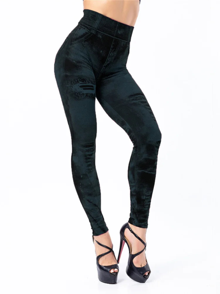 Women Imitation Jeans Stretch Leggings Fashion Sexy Slim Push Up Lady Gym Leggings Causal Simple High Waist Streetwear Leggings - Smarsty