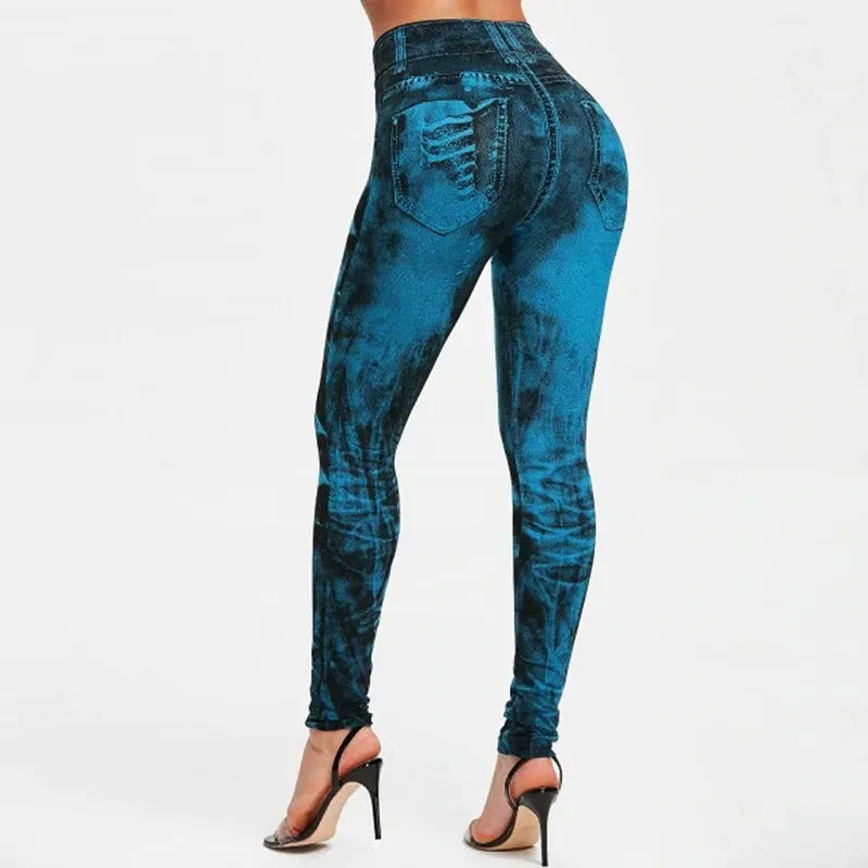 Women Imitation Jeans Stretch Leggings Fashion Sexy Slim Push Up Lady Gym Leggings Causal Simple High Waist Streetwear Leggings - Smarsty