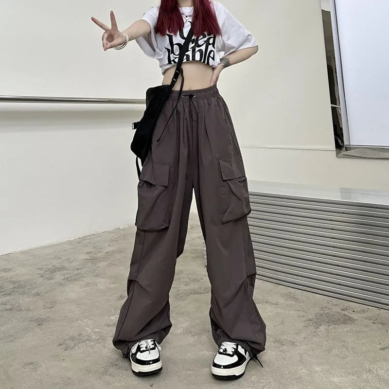 2024 Women Casual Joggers Tech Pants Solid Low Waist Pants Drawstring Wide Leg Baggy Trousers Y2k Streetwear Oversize Sweatpants - Smarsty
