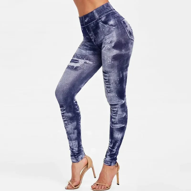 Women Imitation Jeans Stretch Leggings Fashion Sexy Slim Push Up Lady Gym Leggings Causal Simple High Waist Streetwear Leggings - Smarsty
