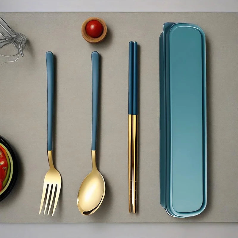 Korean-Style Stainless Steel Utensil Set - Portable Spoon, Fork, Chopsticks with Gift Case, 3-Piece Travel Kit for School, Offic