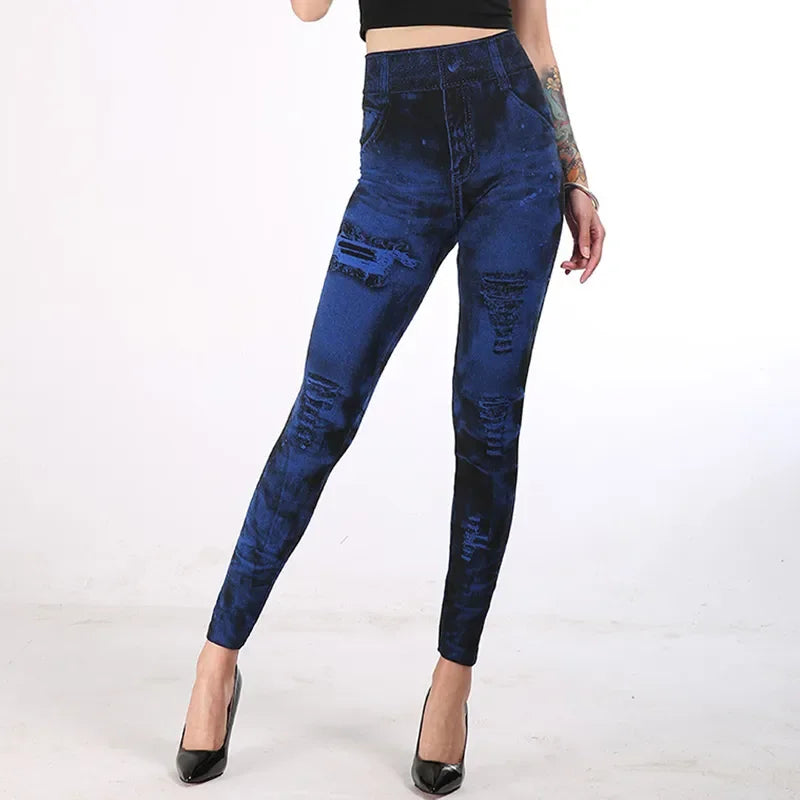 Women Imitation Jeans Stretch Leggings Fashion Sexy Slim Push Up Lady Gym Leggings Causal Simple High Waist Streetwear Leggings - Smarsty