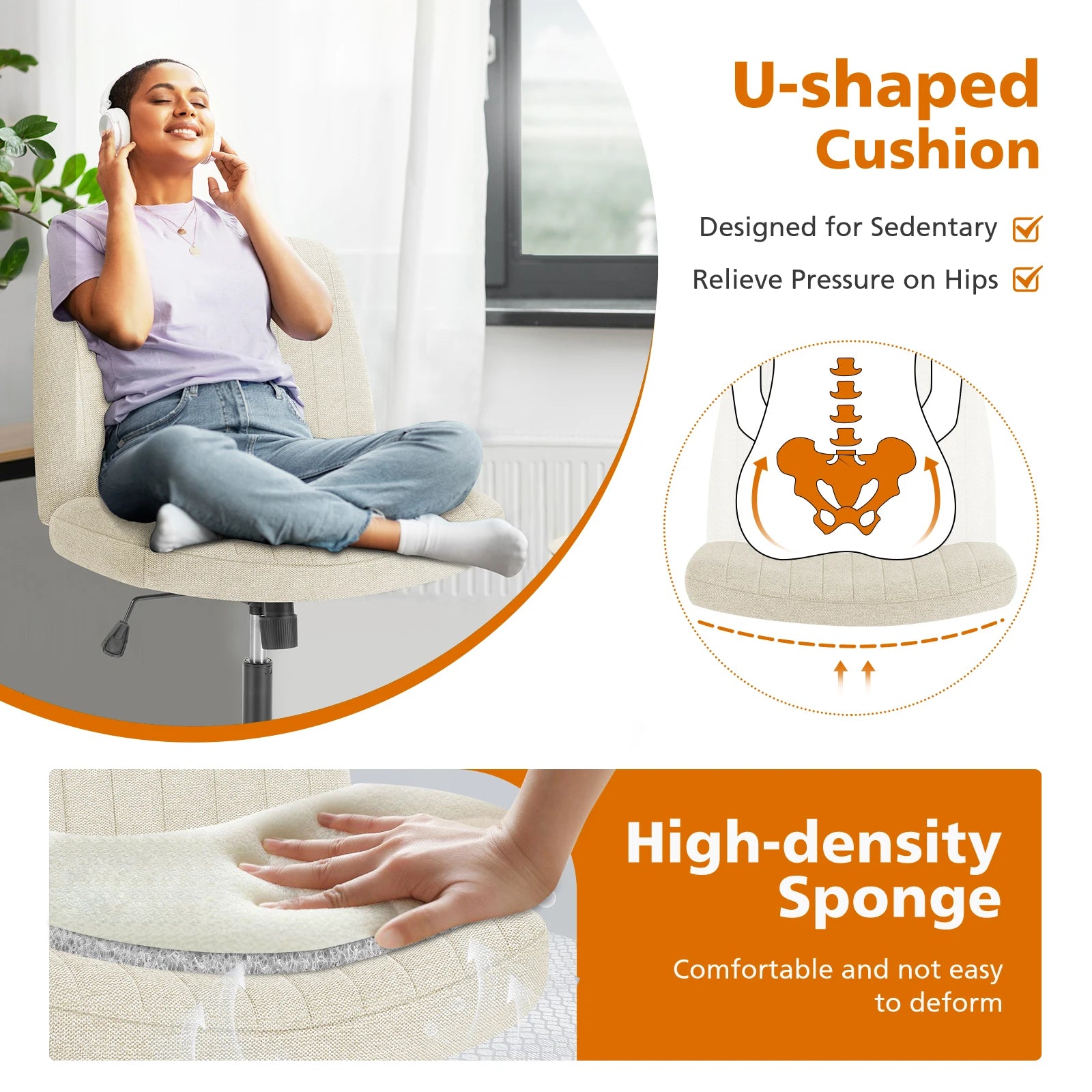 Cross Legged Office Living Room Rocking Gaming Chair Armless Wide Desk Adjustable Swivel Fabric Task Vanity Home Office