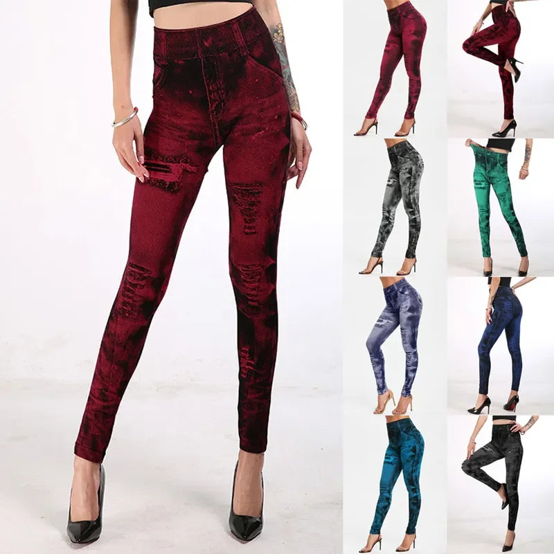 Women Imitation Jeans Stretch Leggings Fashion Sexy Slim Push Up Lady Gym Leggings Causal Simple High Waist Streetwear Leggings - Smarsty