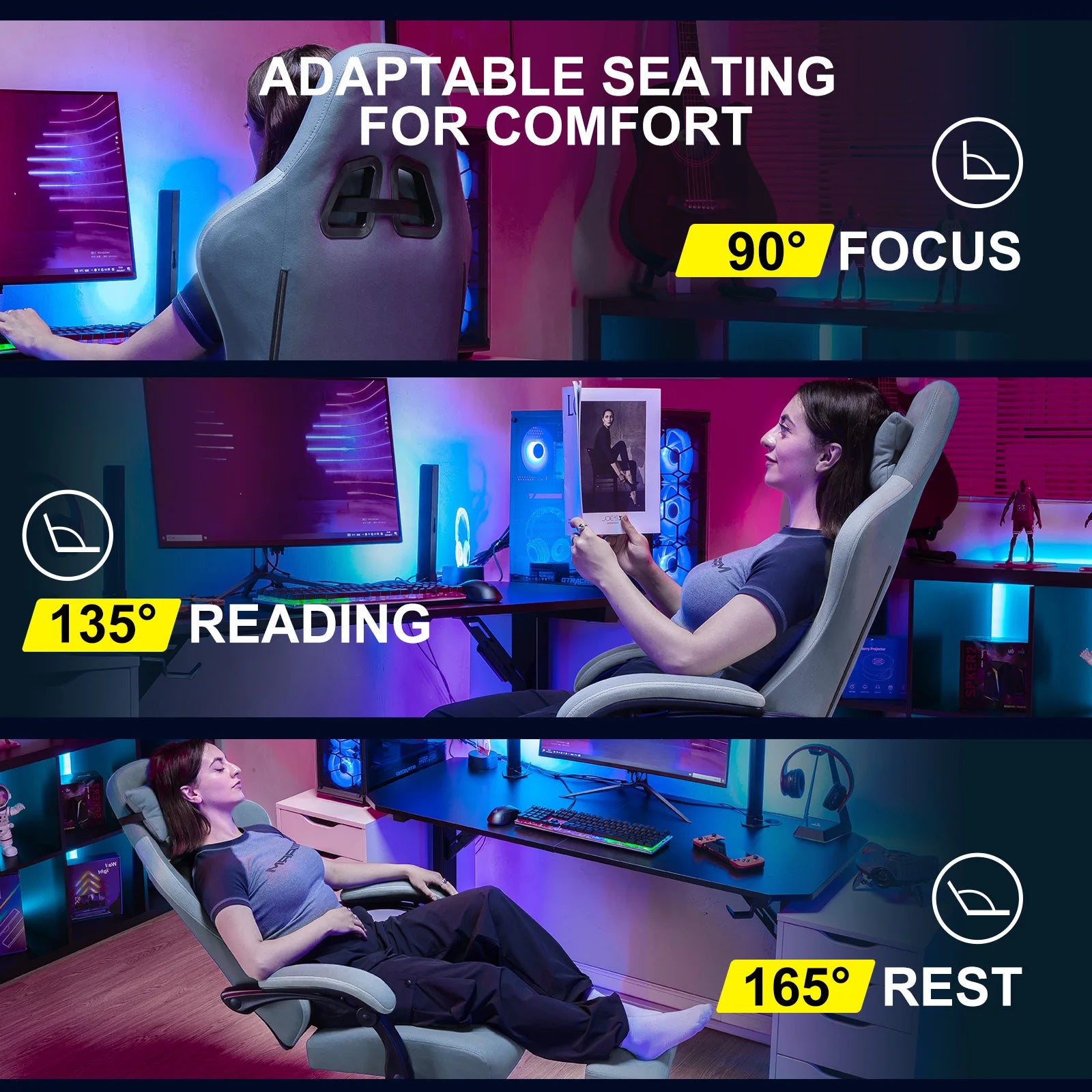 Gaming Chair with Pocket Spring Cushion, Linkage Armrests & Footrest, Ergonomic Office Chair with Lumbar Support - Smarsty