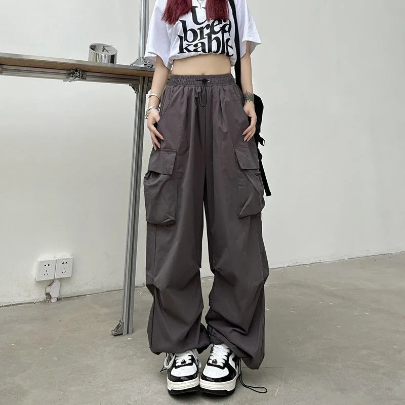 2024 Women Casual Joggers Tech Pants Solid Low Waist Pants Drawstring Wide Leg Baggy Trousers Y2k Streetwear Oversize Sweatpants - Smarsty