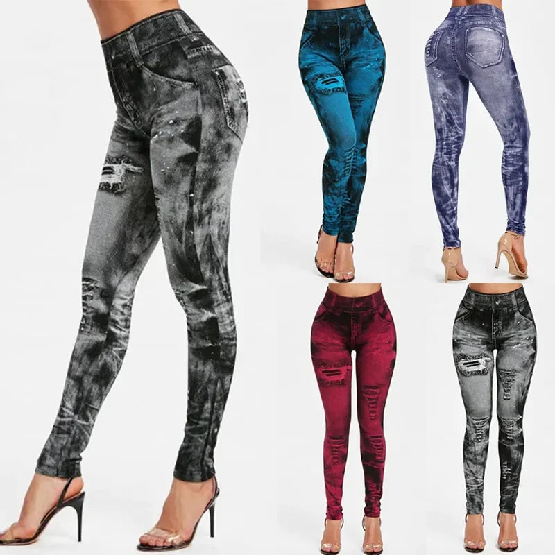Women Imitation Jeans Stretch Leggings Fashion Sexy Slim Push Up Lady Gym Leggings Causal Simple High Waist Streetwear Leggings - Smarsty