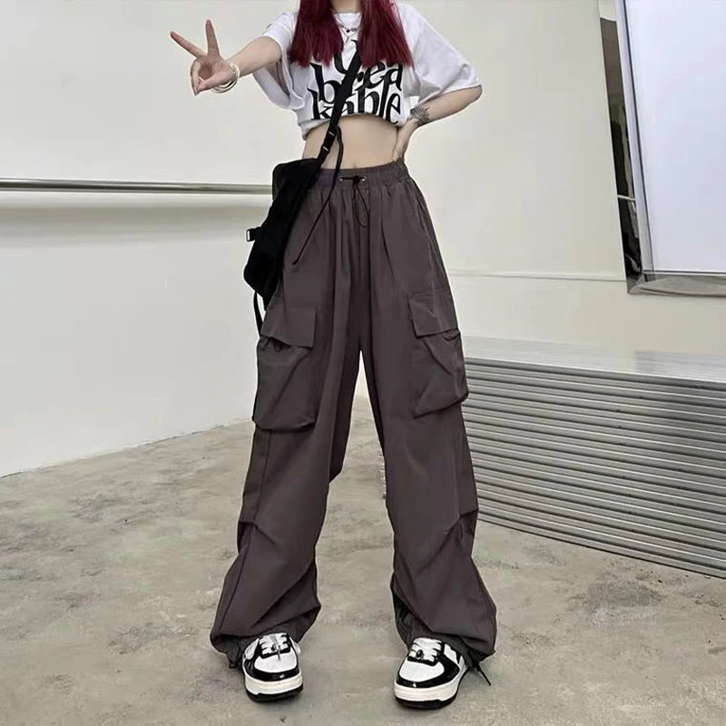 2024 Women Casual Joggers Tech Pants Solid Low Waist Pants Drawstring Wide Leg Baggy Trousers Y2k Streetwear Oversize Sweatpants - Smarsty