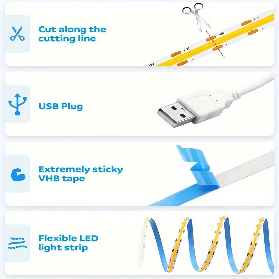 LED COB Light Strip Touch Dimmer Flexible Diode Tape 5V USB Linear Indoor Lighting Lamp Room DIY TV Mirror Backlight Wall Decor - Smarsty