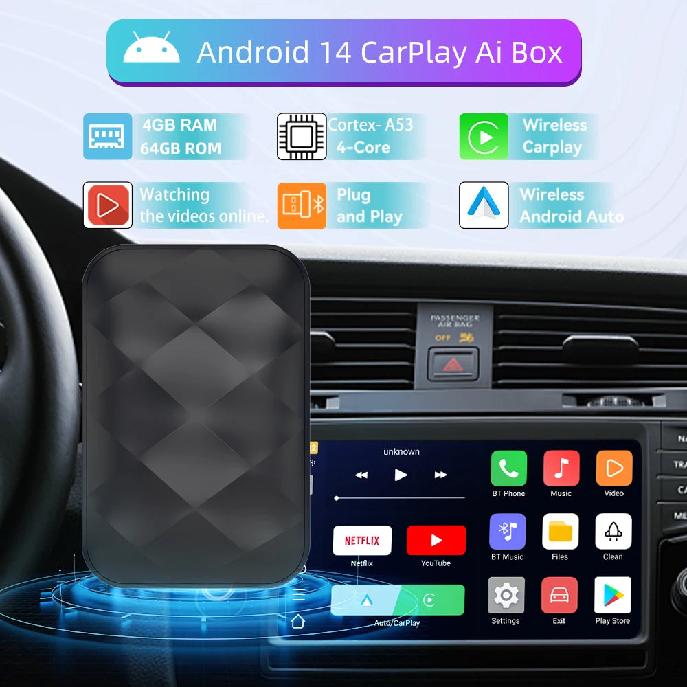 3IN1 Android14 Wireless Carplay Android Auto 2025 NewAdapter Upgrade Plug&Play For Youtube Netflix Dongle Wireless Car AI TV BOX - Smarsty