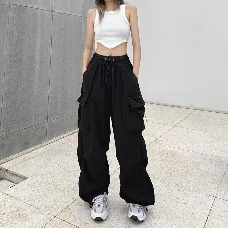 2024 Women Casual Joggers Tech Pants Solid Low Waist Pants Drawstring Wide Leg Baggy Trousers Y2k Streetwear Oversize Sweatpants - Smarsty