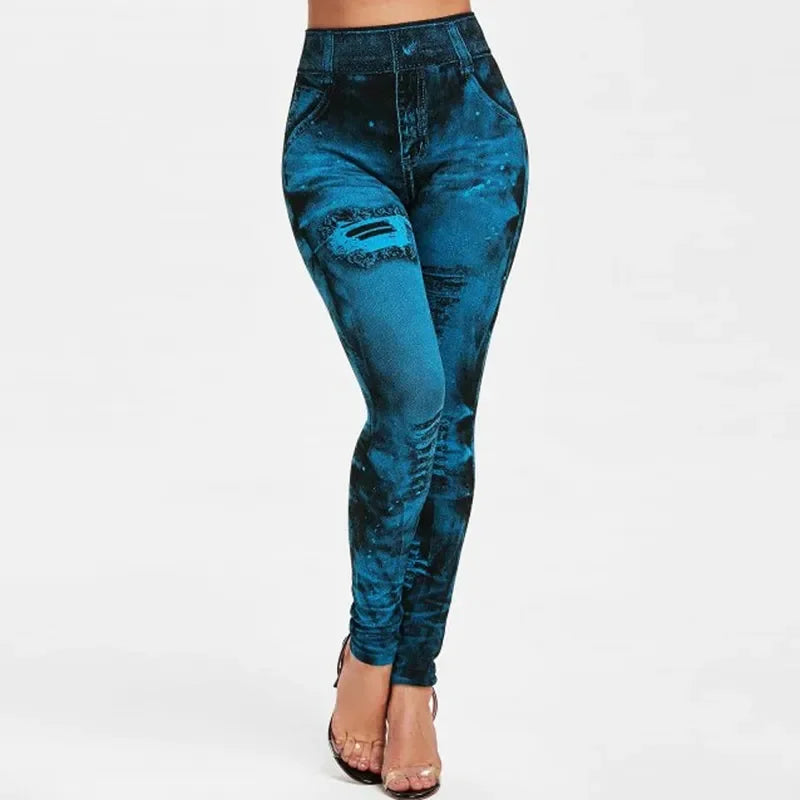 Women Imitation Jeans Stretch Leggings Fashion Sexy Slim Push Up Lady Gym Leggings Causal Simple High Waist Streetwear Leggings - Smarsty