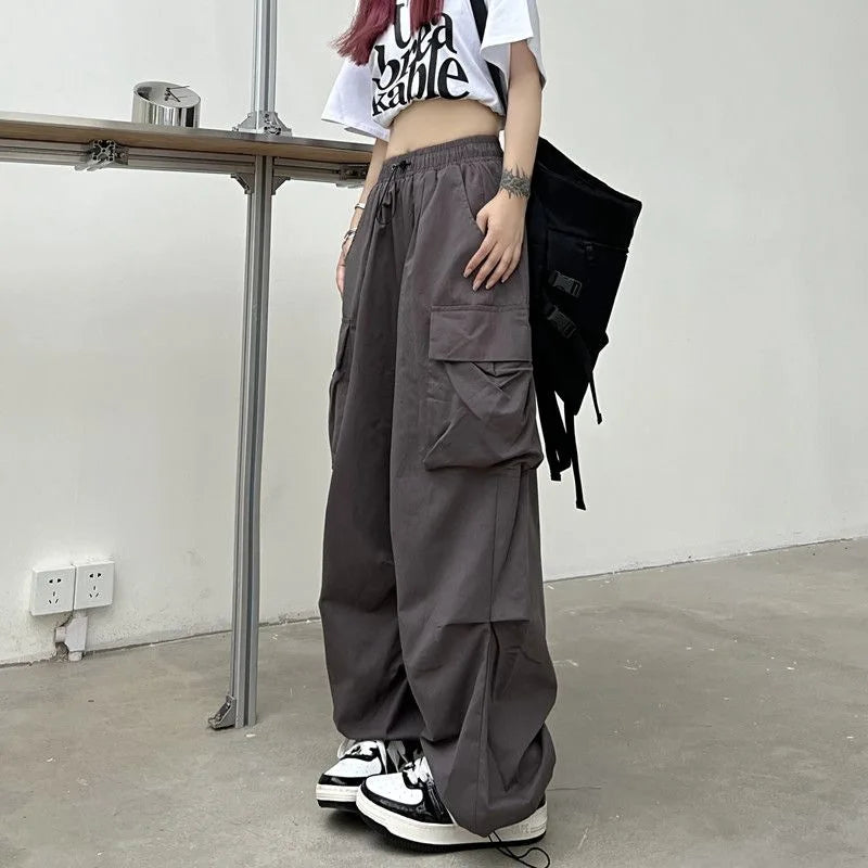 2024 Women Casual Joggers Tech Pants Solid Low Waist Pants Drawstring Wide Leg Baggy Trousers Y2k Streetwear Oversize Sweatpants - Smarsty