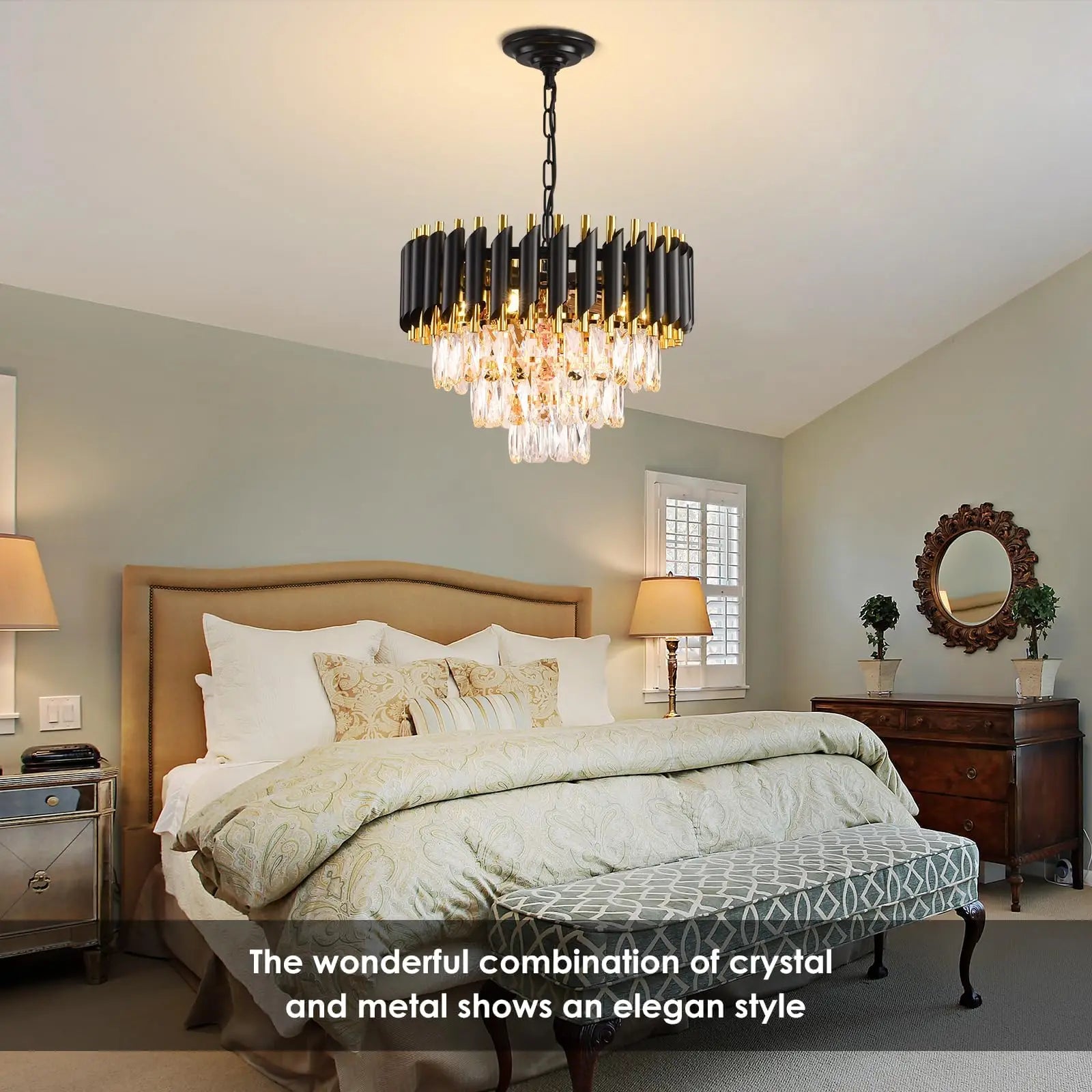 Black and Gold Crystal Chandelier Pendant Light Fixture Flush Mount Ceiling Lighting 3 Tiers Modern Crystal Chandeliers