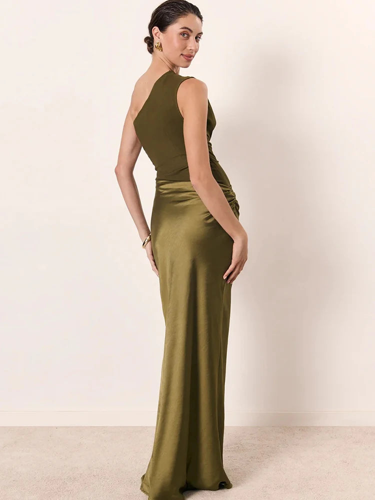 JULISSA MO Patchwork Satin Sexy One Shoulder Women Maxi Dress Brown Sleeveless Evening Dress Summer Slim Elegant Party Clubwear - Smarsty