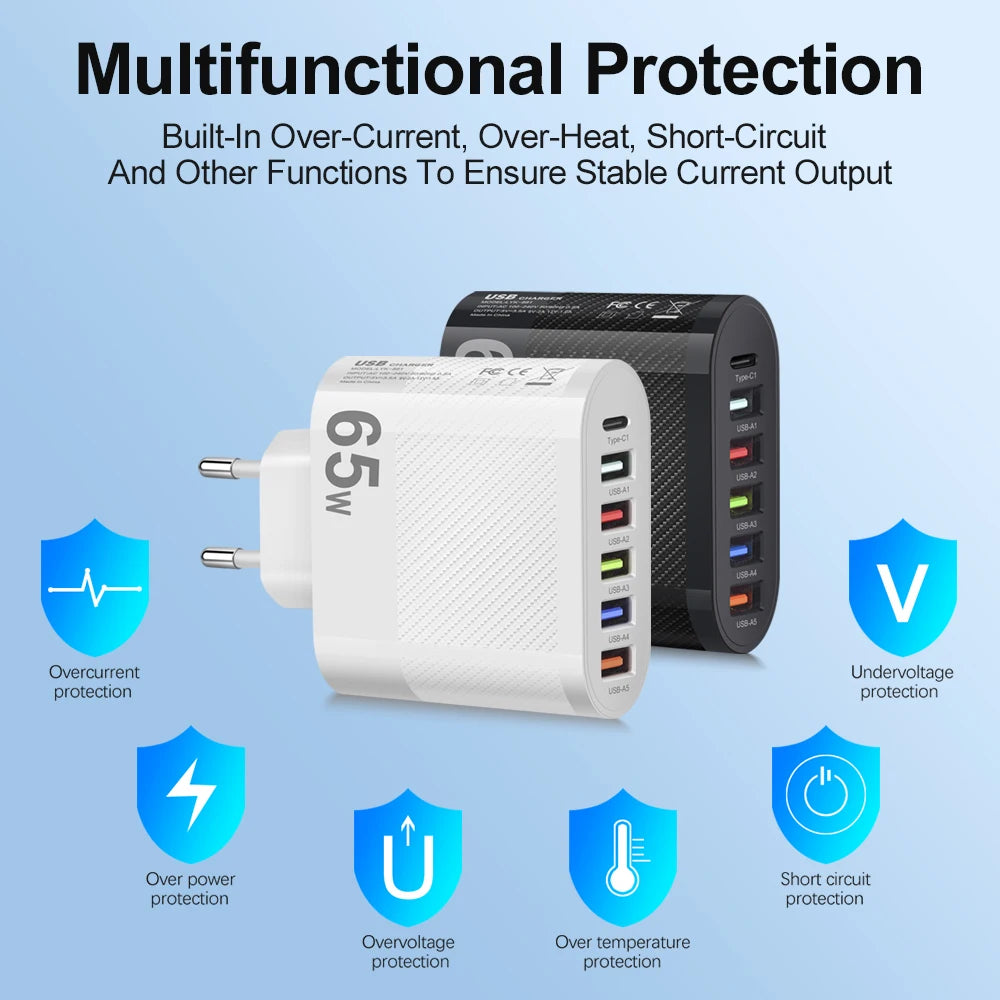 65W USB Charger Includes Six Ports Ultra Fast Type C - Smarsty