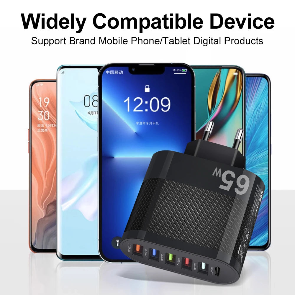 65W USB Charger Includes Six Ports Ultra Fast Type C - Smarsty