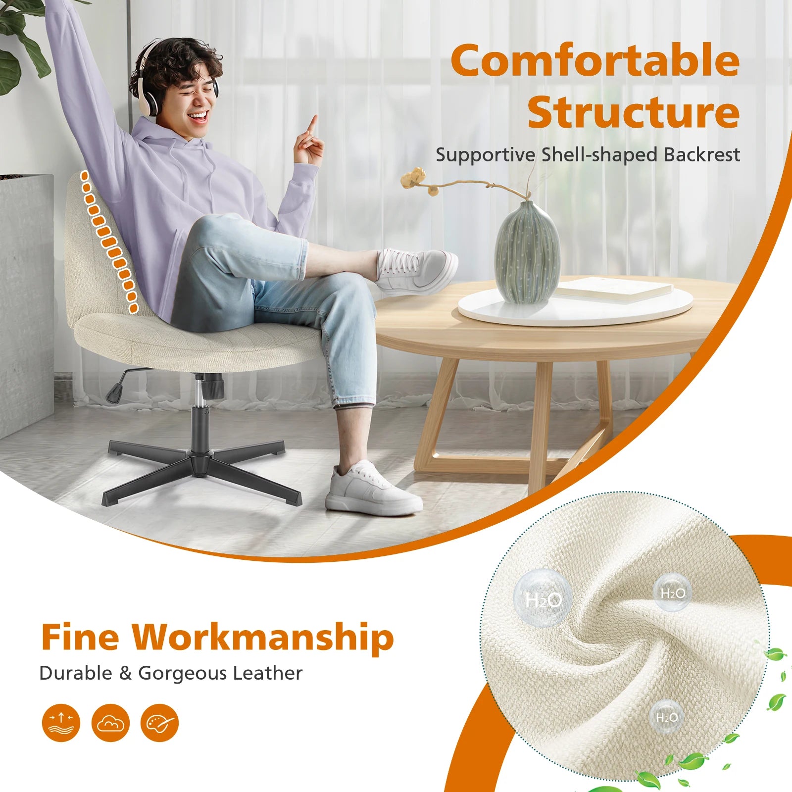 Cross Legged Office Living Room Rocking Gaming Chair Armless Wide Desk Adjustable Swivel Fabric Task Vanity Home Office
