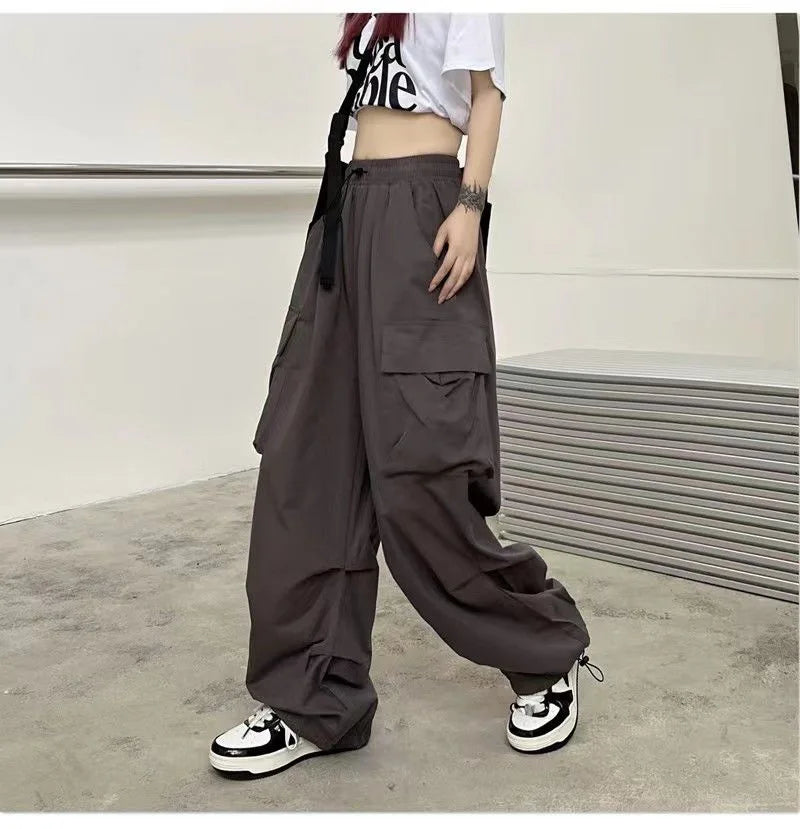 2024 Women Casual Joggers Tech Pants Solid Low Waist Pants Drawstring Wide Leg Baggy Trousers Y2k Streetwear Oversize Sweatpants - Smarsty