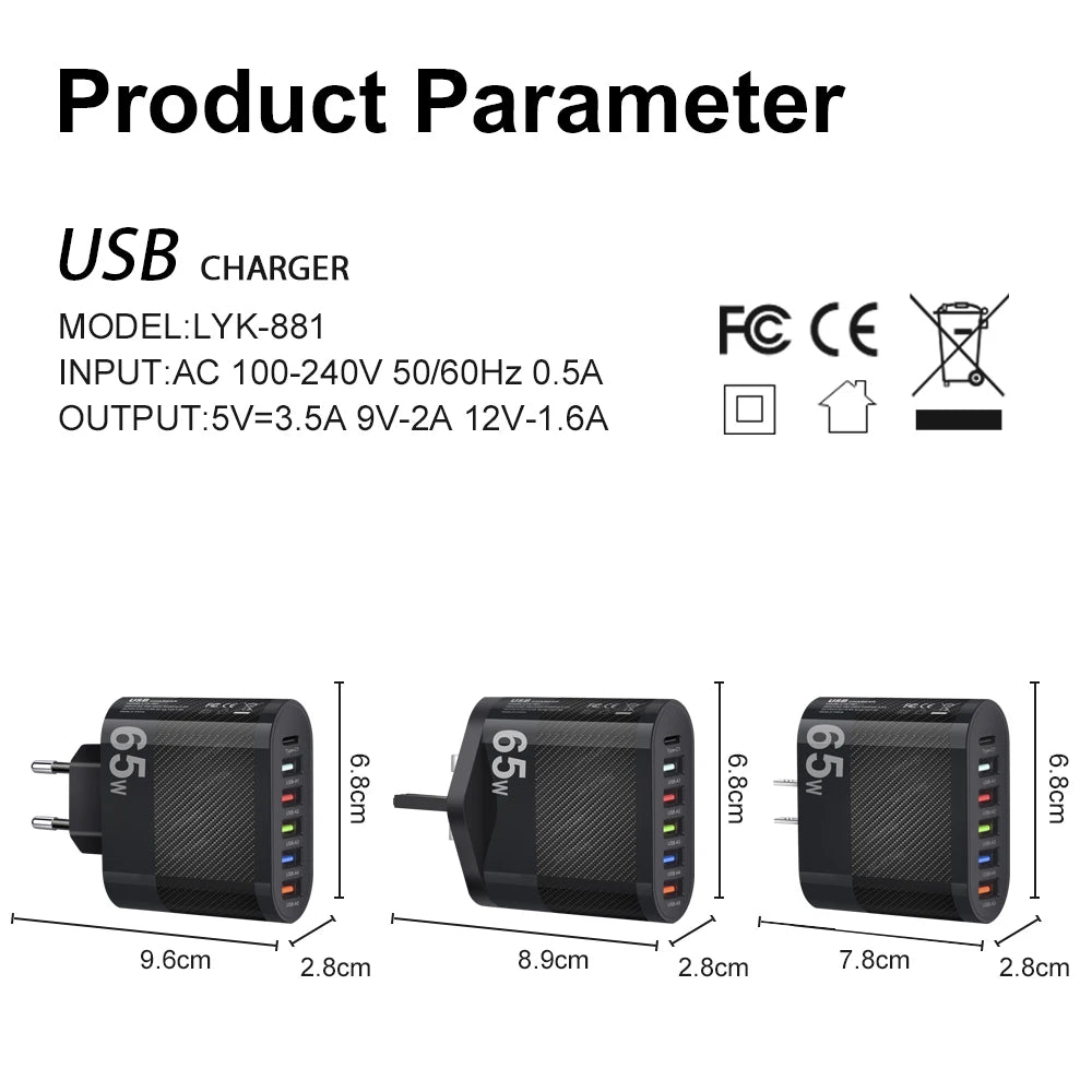 65W USB Charger Includes Six Ports Ultra Fast Type C - Smarsty