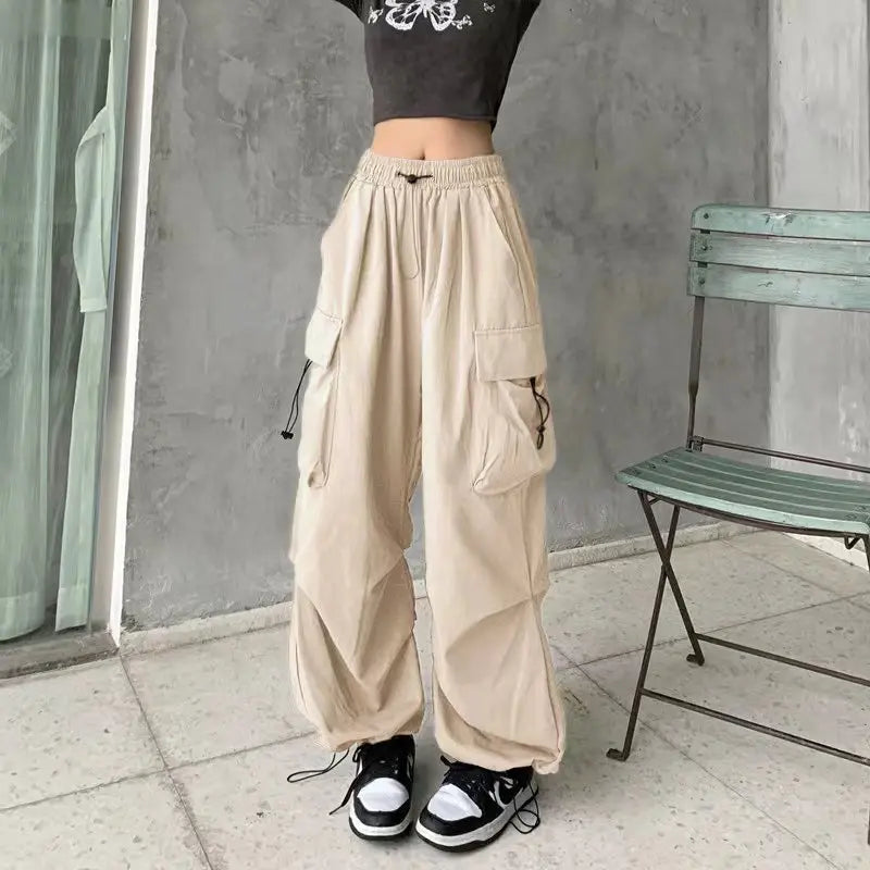 2024 Women Casual Joggers Tech Pants Solid Low Waist Pants Drawstring Wide Leg Baggy Trousers Y2k Streetwear Oversize Sweatpants - Smarsty