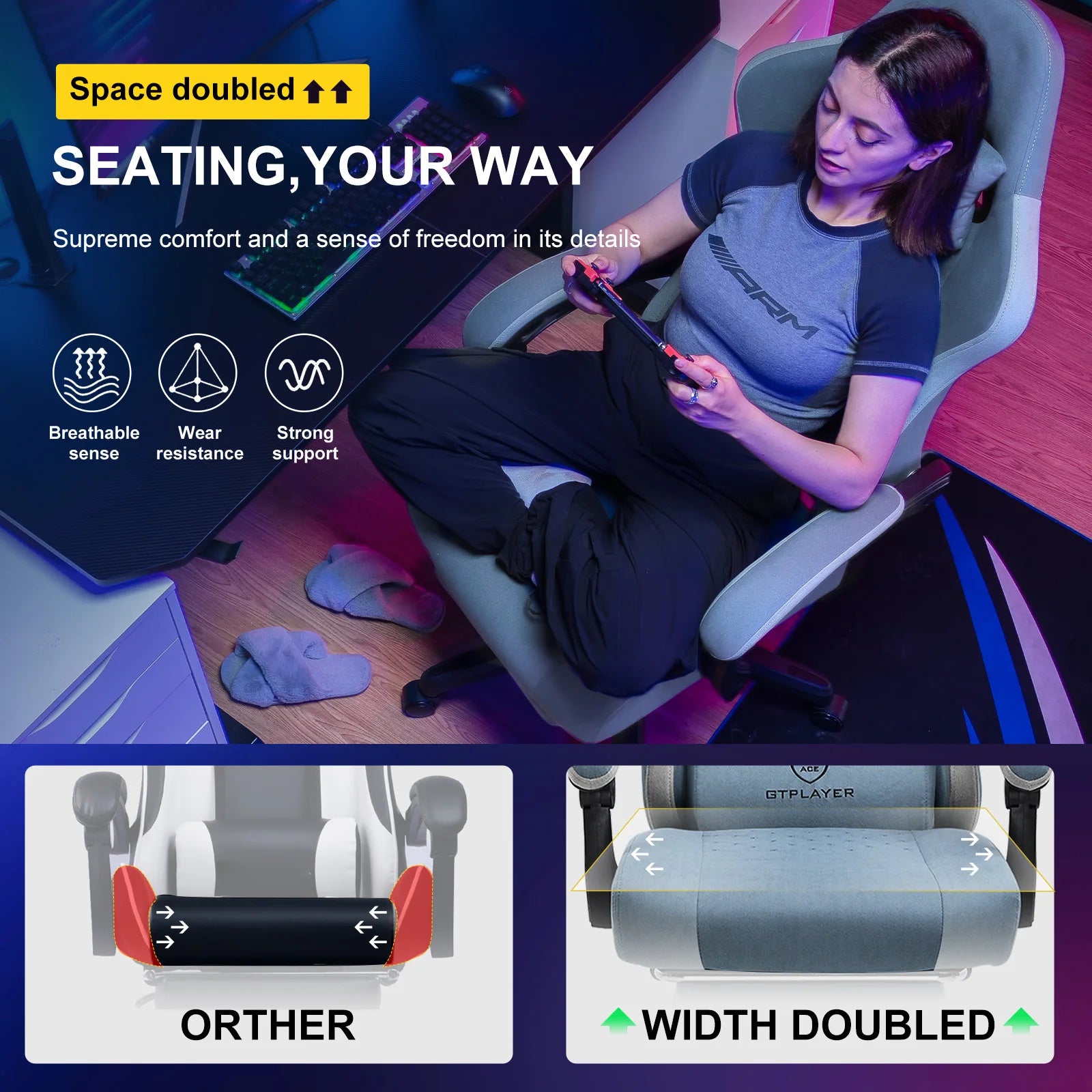 Gaming Chair with Pocket Spring Cushion, Linkage Armrests & Footrest, Ergonomic Office Chair with Lumbar Support - Smarsty