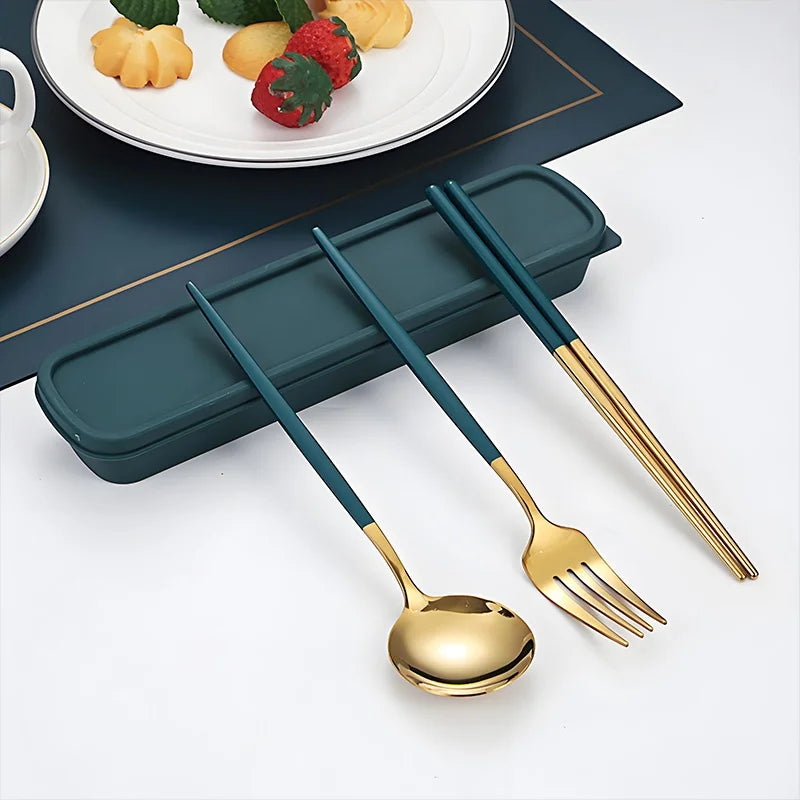 Korean-Style Stainless Steel Utensil Set - Portable Spoon, Fork, Chopsticks with Gift Case, 3-Piece Travel Kit for School, Offic