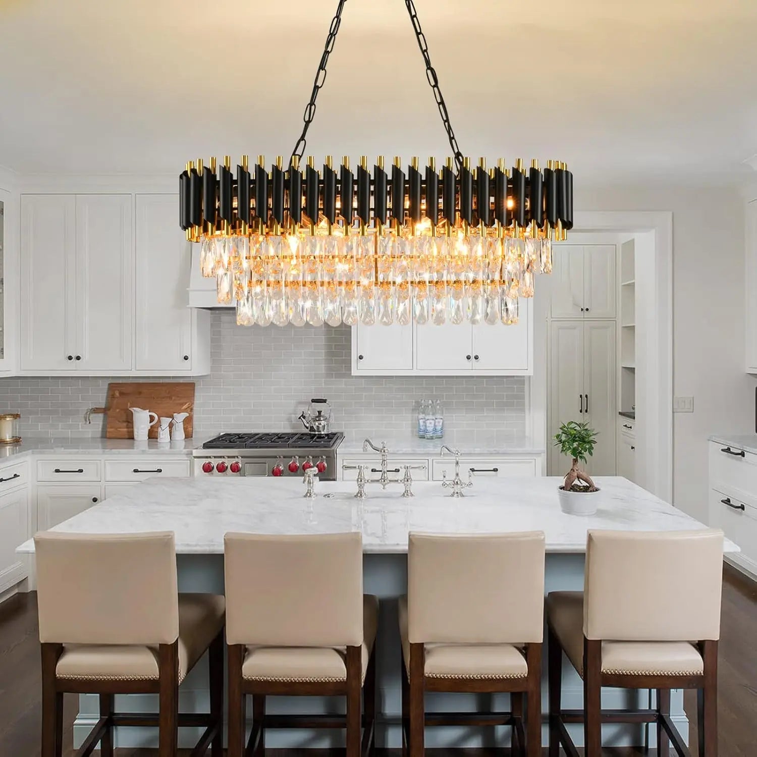 Modern Black & Gold Crystal Chandelier, 3-Tier K9 Oval Crystal Chandelier for Kitchen Island/Living Room/Bedroom/dining room