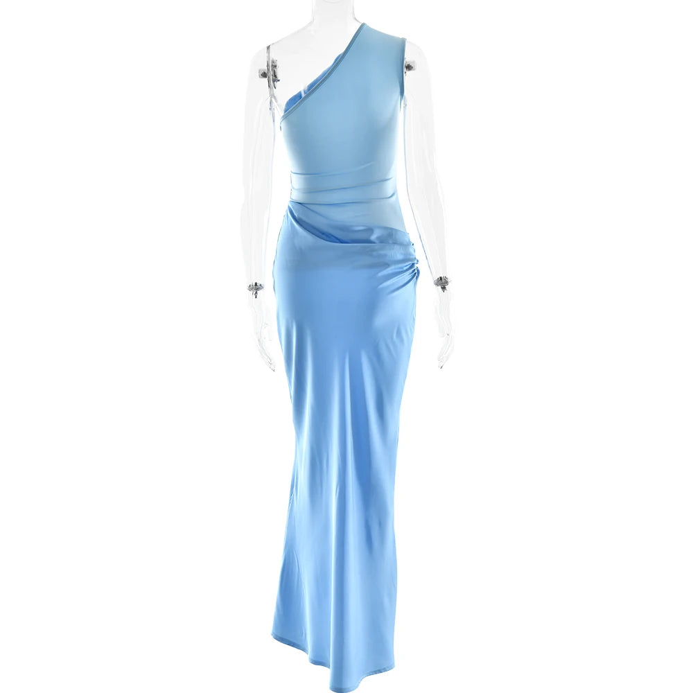 JULISSA MO Patchwork Satin Sexy One Shoulder Women Maxi Dress Brown Sleeveless Evening Dress Summer Slim Elegant Party Clubwear - Smarsty