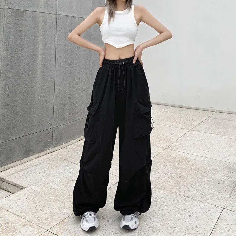 2024 Women Casual Joggers Tech Pants Solid Low Waist Pants Drawstring Wide Leg Baggy Trousers Y2k Streetwear Oversize Sweatpants - Smarsty
