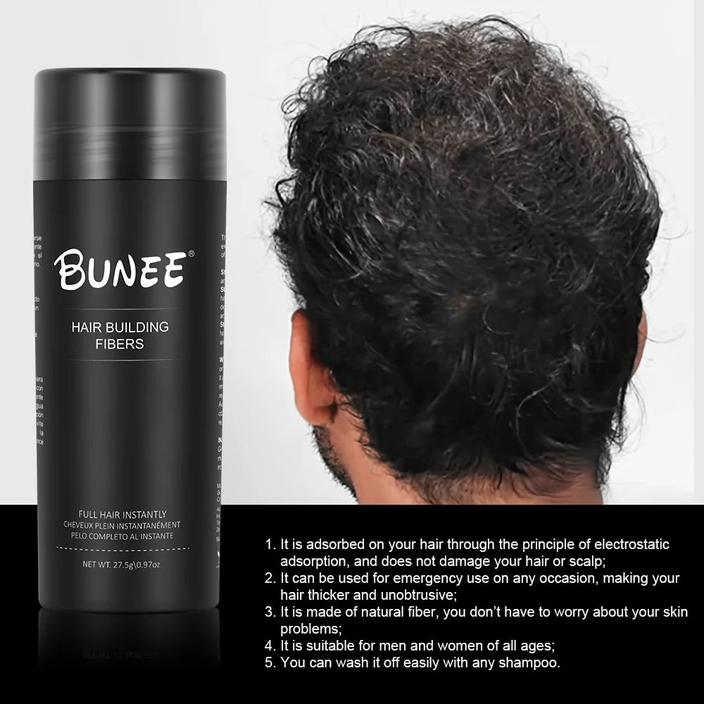 BUNEE Hair Fiber 27.5g: Men's natural hair-thickening fibers for balding areas, fills part lines, includes 27.5g fiber powder. - Smarsty