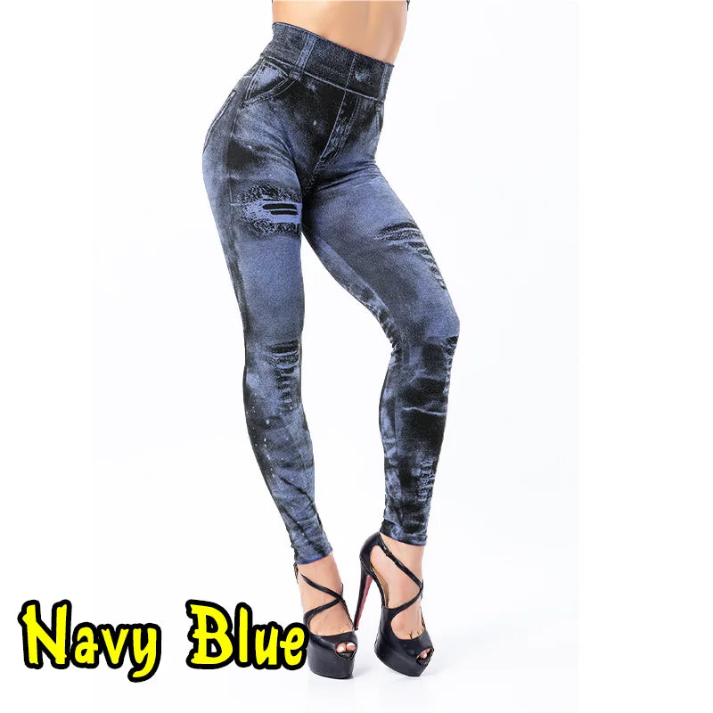 Women Imitation Jeans Stretch Leggings Fashion Sexy Slim Push Up Lady Gym Leggings Causal Simple High Waist Streetwear Leggings - Smarsty