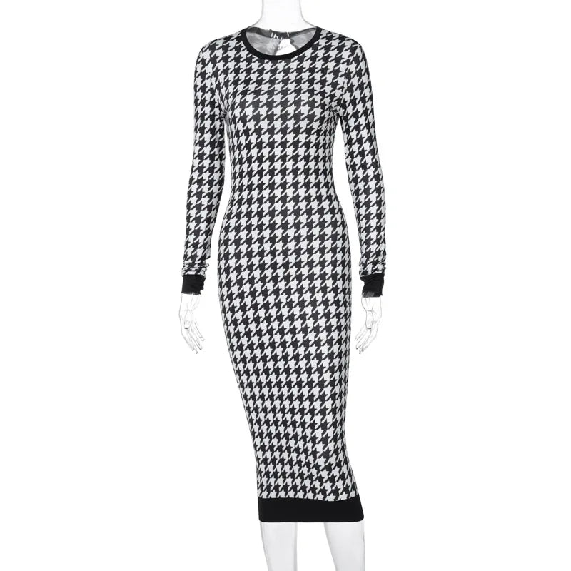 Houndstooth Print Women Long Sleeve Midi Dress Hollow Out Bodycon Sexy Streetwear 2022 Autumn Winter Club Elegant Slim - Smarsty