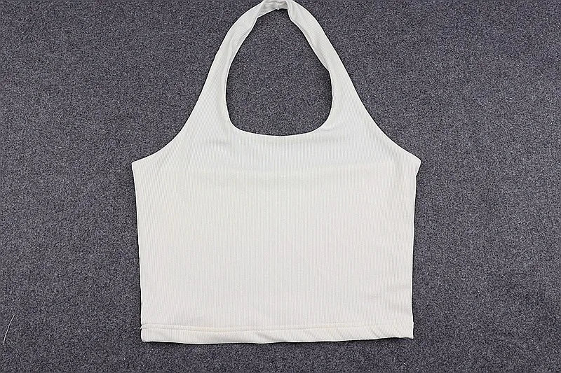 White Halter Sexy Backless Tank Tops for Women Streetwear 2024 Sleeveless Ribbed Knit Vest Top Cropped Feminino - Smarsty