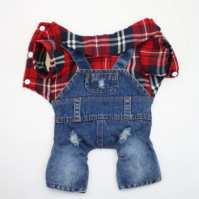 Denim Plaid Jumpsuit Hoodie for Dogs and Cats - Smarsty