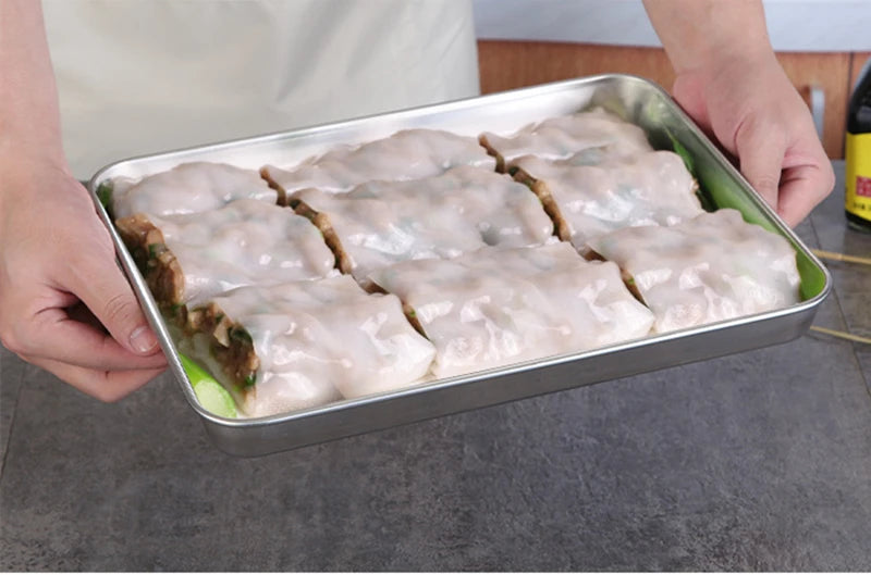 Rectangle Steamed Sausage Noodles Storage Trays Stainless Steel Fruit Dish Restaurant Hotel Kitchen Pastry Food Baking Plates