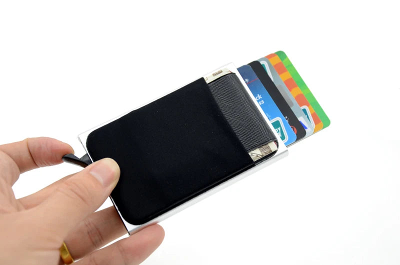 YUECIMIE Slim Aluminum Wallet With Elasticity Back Pouch ID Credit Card Holder Mini RFID Wallet Automatic Pop up Bank Card Case