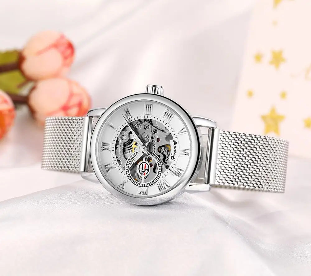 Fashionable Women's Mechanical Automatic Watch with Mesh Strap - Smarsty