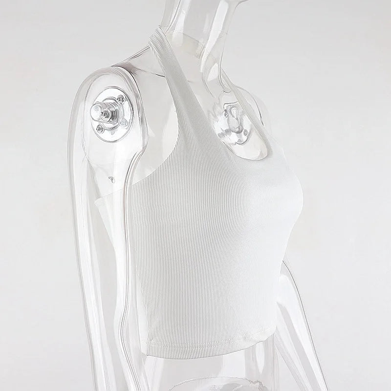 White Halter Sexy Backless Tank Tops for Women Streetwear 2024 Sleeveless Ribbed Knit Vest Top Cropped Feminino - Smarsty