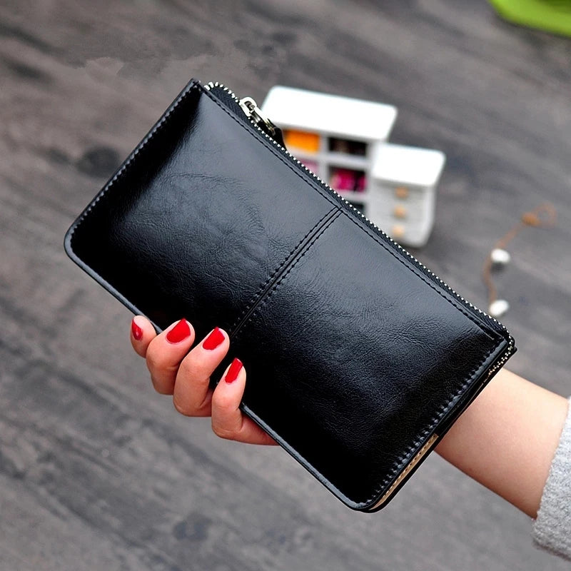 Women's Vintage Oil Wax PU Leather Clutch Wallet Female Large Capacity Phone Purse Ladies Wristband Simple Card Holder Pouch Bag