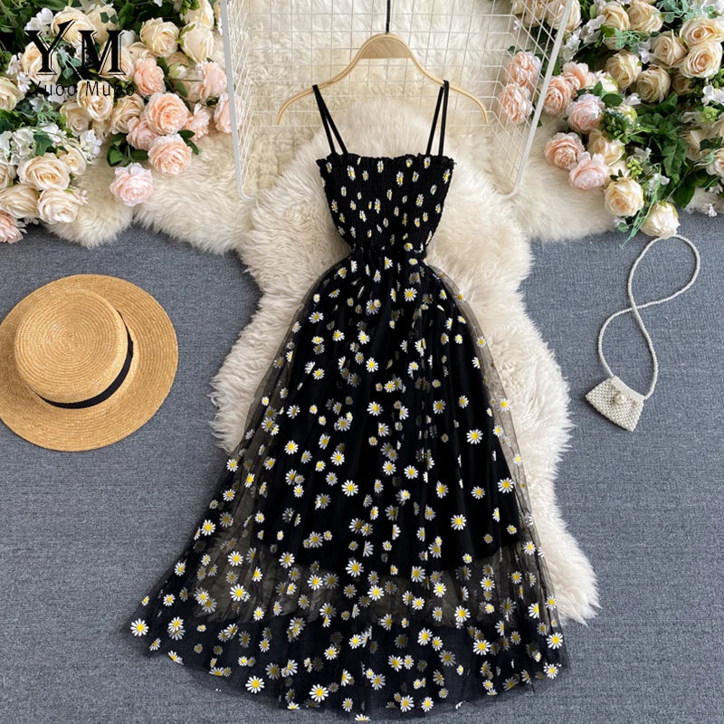 YuooMuoo Korean Fashion Daisy Flower Print Mesh Party Dress Summer Two Layers Spaghetti Strap Vacation Midi Dress Beach Vestidos - Smarsty