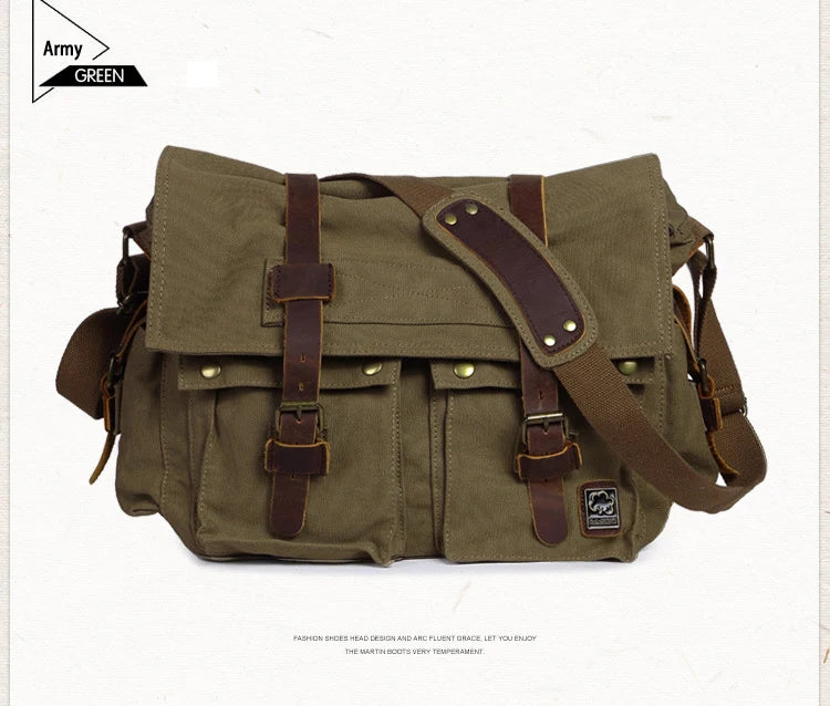 Vintage Leather Canvas Messenger Bag Unisex Crossbody - Smarsty