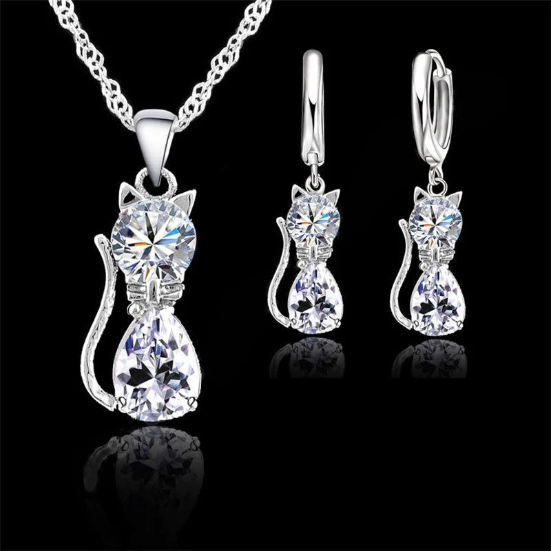 Real 925 Sterling Silver Cat Jewelry Set with Austrian Crystals - Smarsty